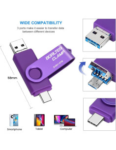 Unidad Flash 256GB BorlterClamp 3 en 1 USB OTG Púrpura 2