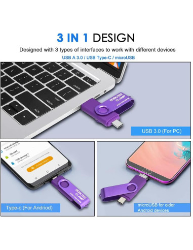 Unidad Flash 256GB BorlterClamp 3 en 1 USB OTG Púrpura
