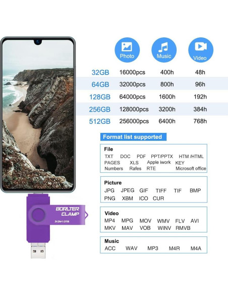 Unidad Flash 256GB BorlterClamp 3 en 1 USB OTG Púrpura