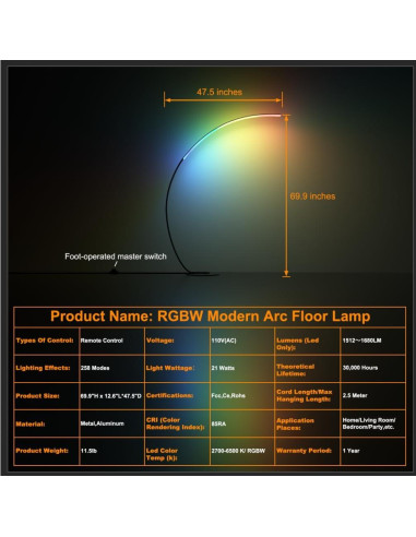 Lámpara de Pie E.P. Light Arqueada 177.8 cm RGBW Control Remoto