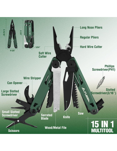 Multiherramienta FLISSA 15-en-1 Acero Inoxidable Verde