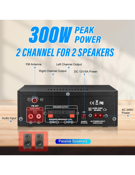 Amplificador de Audio Estéreo Daakro AK45 300W Bluetooth 5.0