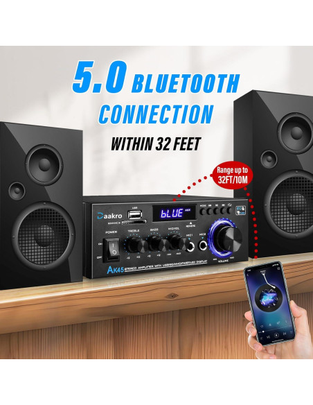 Amplificador de Audio Estéreo Daakro AK45 300W Bluetooth 5.0