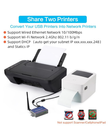 Servidor de Impresión Inalámbrico CHEECENT CR202 2 Puertos USB