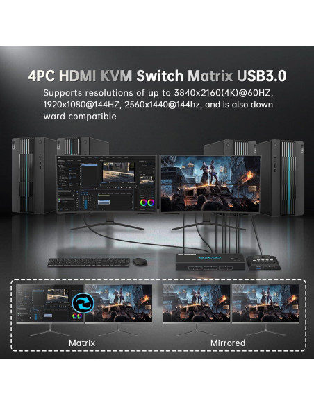 Conmutador KVM HDMI 4K 60Hz EZCOOTECH 4x1 4USB 3.0