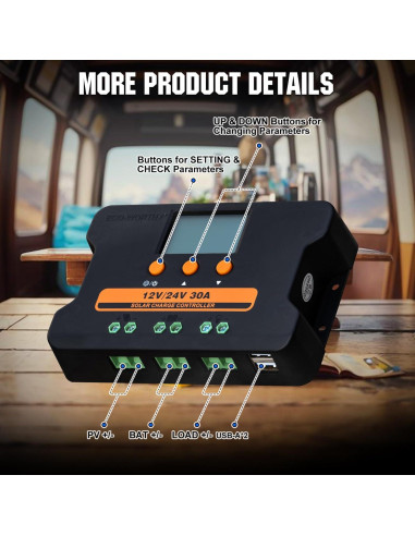 Controlador de Carga Solar ECO-WORTHY 30A 12V/24V USB Doble