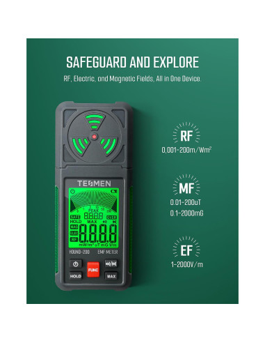 Medidor EMF TESMEN Hound-200 3-en-1 Verde para RF, EF, MF