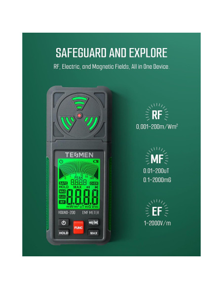 Medidor EMF TESMEN Hound-200 3-en-1 Verde para RF, EF, MF