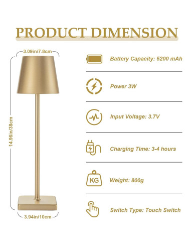 Lámpara de Mesa Recargable HASUN 2 Pack LED 5200mAh Oro