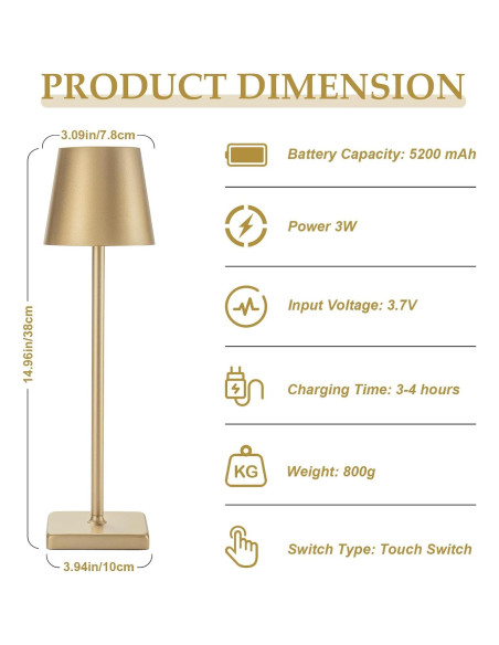 Lámpara de Mesa Recargable HASUN 2 Pack LED 5200mAh Oro