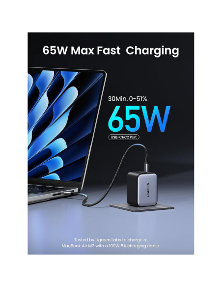 Cargador USB C UGREEN 65W Nexode X 3 Puertos Rápido