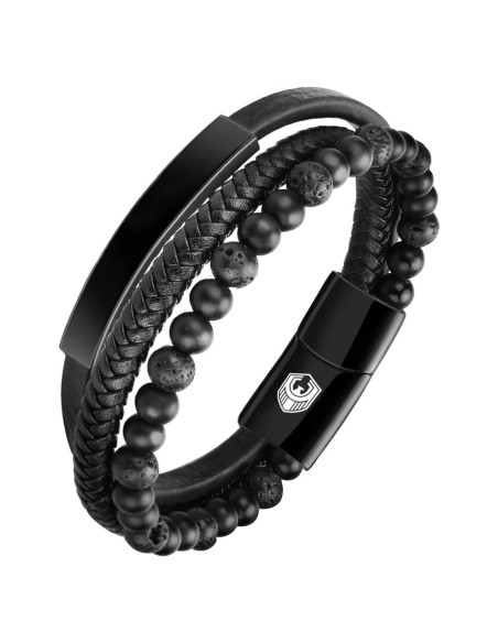 Pulsera de Cuero Trenzada para Hombres con Perlas de Lava y Ónix