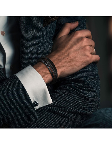 Pulsera de Cuero Trenzada para Hombres con Perlas de Lava y Ónix