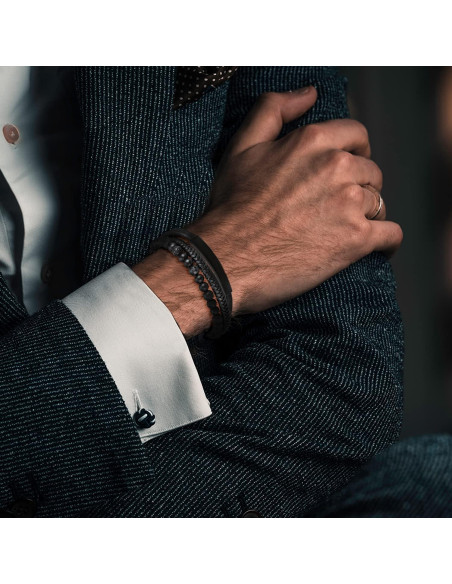 Pulsera de Cuero Trenzada para Hombres con Perlas de Lava y Ónix