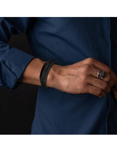 Pulsera de Cuero Trenzada para Hombres con Perlas de Lava y Ónix