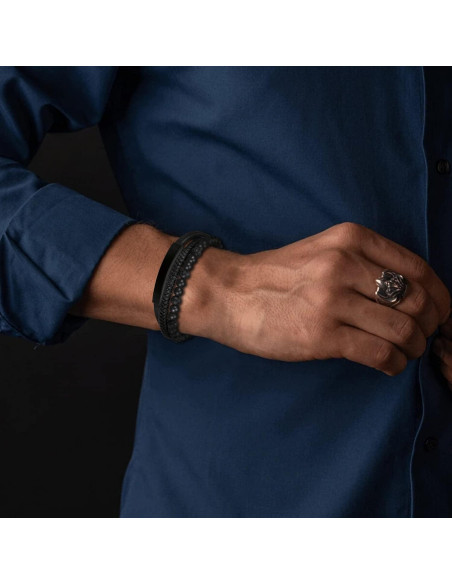 Pulsera de Cuero Trenzada para Hombres con Perlas de Lava y Ónix