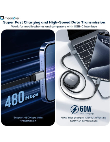 Cable Retráctil USB C 60W Meenova para iPhone 15 y MacBook