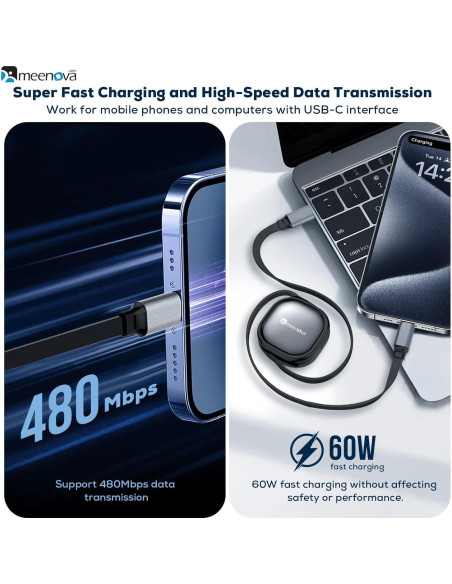Cable Retráctil USB C 60W Meenova para iPhone 15 y MacBook