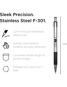 Bolígrafo retráctil Zebra Pen F-301, acero inoxidable, 0.7mm, 2 unidades 2