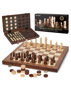 Juego de Ajedrez y Damas Magnético de Madera 2 en 1 38cm