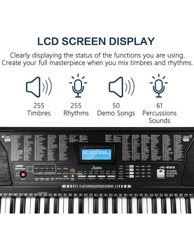 Teclado Electrónico JIKADA-61 con Soporte, Auriculares y Más