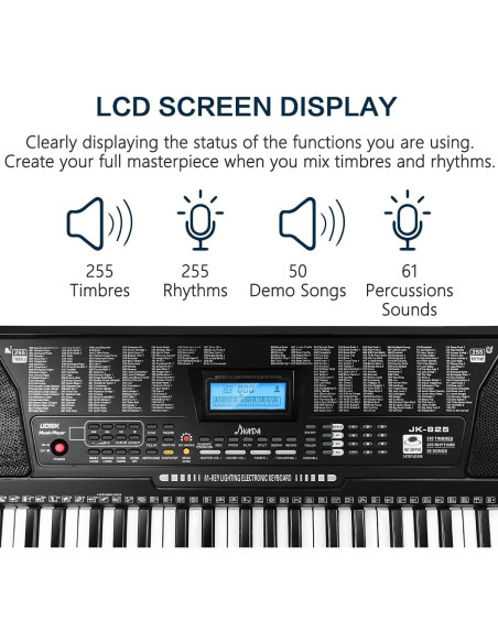 Teclado Electrónico JIKADA-61 con Soporte, Auriculares y Más