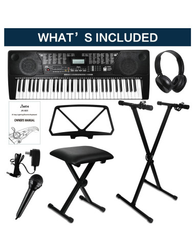 Teclado Electrónico JIKADA-61 con Soporte, Auriculares y Más