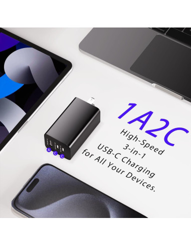 Cargador USB C 65W Wegear 3 Puertos Carga Rápida Plegable