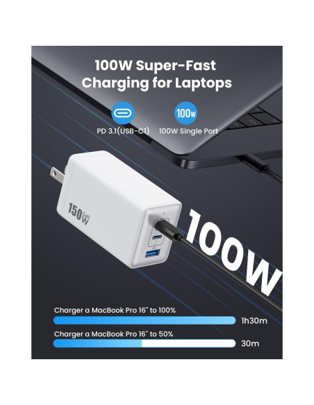 Cargador USB C 150W Pxwaxpy 3 Puertos Rápido Plegable
