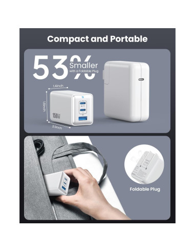 Cargador USB C 150W Pxwaxpy 3 Puertos Rápido Plegable