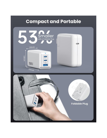 Cargador USB C 150W Pxwaxpy 3 Puertos Rápido Plegable