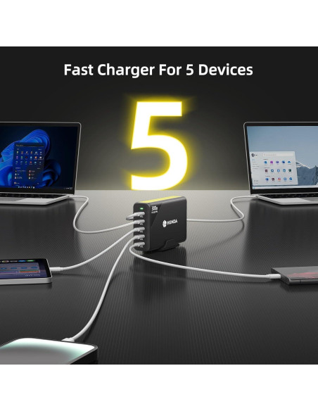 Cargador HUNDA 300W USB C 5 Puertos Carga Rápida PD 100W Cargador HUNDA 300W USB C 5 Puertos Carga Rápida PD 100W