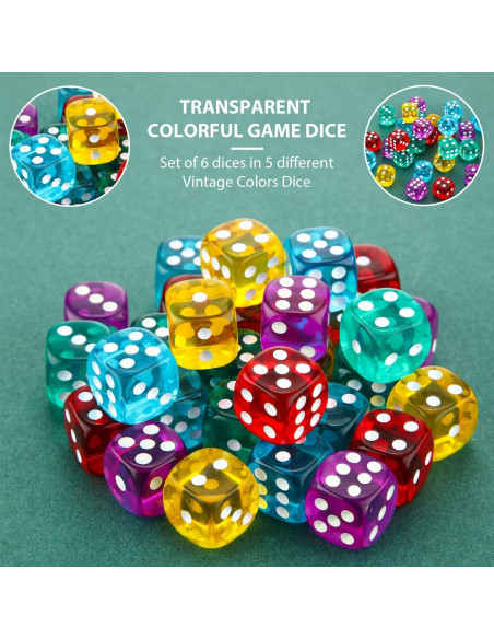 Dados de Juego TecUnite 30 Piezas 14 mm 5 Colores con Bolsa
