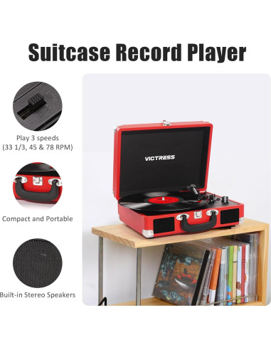 Reproductor de Vinilo VICTRESS TE-001F-RD Bluetooth Rojo