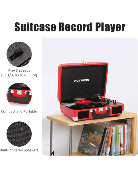Reproductor de Vinilo VICTRESS TE-001F-RD Bluetooth Rojo
