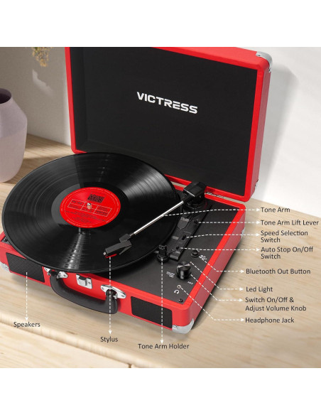 Reproductor de Vinilo VICTRESS TE-001F-RD Bluetooth Rojo