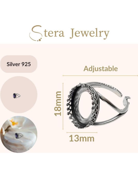 Anillo Ajustable de Plata Esterlina 925 para Joyería 13x18mm