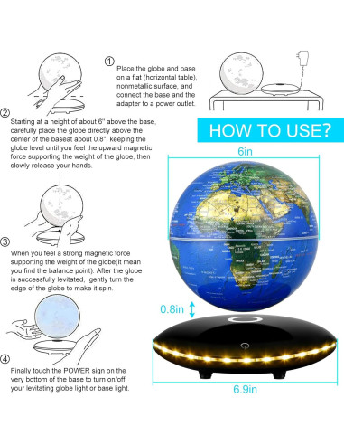Globo Levitatante Magnético Mapa Mundial 15,24 cm LED