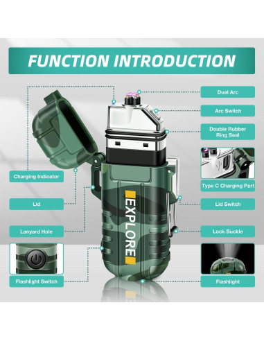 Encendedor Eléctrico LcFun Doble Arco Impermeable con Linterna