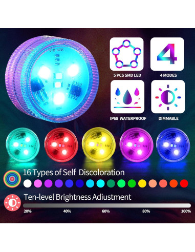 Luz LED Sumergible RGBW 12 PCS con Control Remoto