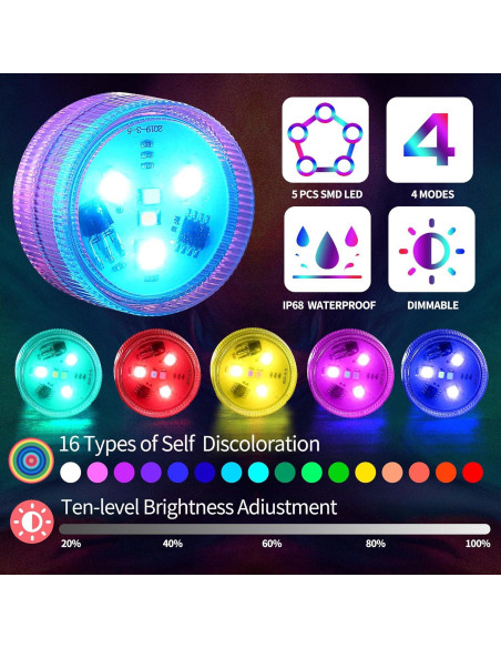 Luz LED Sumergible RGBW 12 PCS con Control Remoto