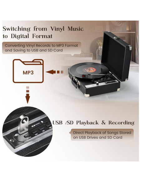 Reproductor de Vinilo Hododou Maletín Bluetooth 3 Velocidades