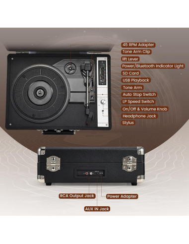 Reproductor de Vinilo Hododou Maletín Bluetooth 3 Velocidades