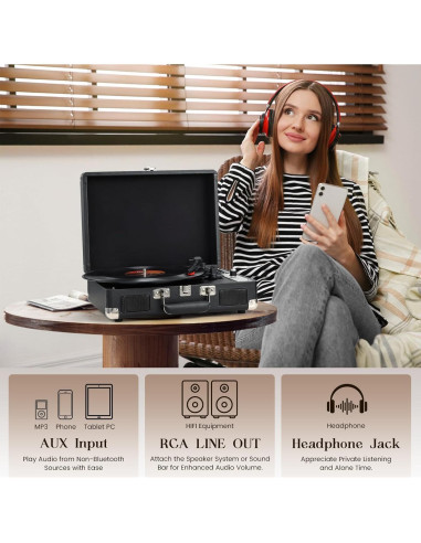 Reproductor de Vinilo Hododou Maletín Bluetooth 3 Velocidades