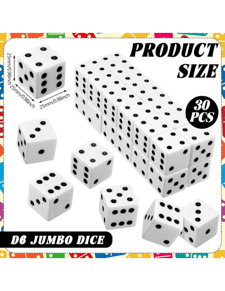 Dados Jumbo 30 Pcs Poen 25 mm Tema Casino Blancos