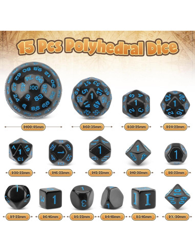 Dados Poliedricos Coyeekn 15 Piezas D3-D100 con Bolsa