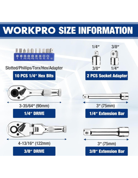 Juego de Llave de Carraca WORKPRO 16 PCS Cabeza Flexible