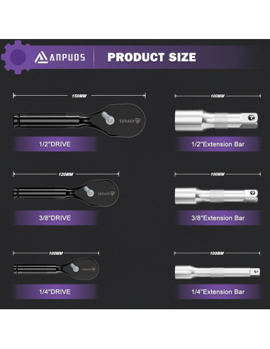 Juego de Llaves de Carraca Cortas ANPUDS 6 Piezas 72 Dientes