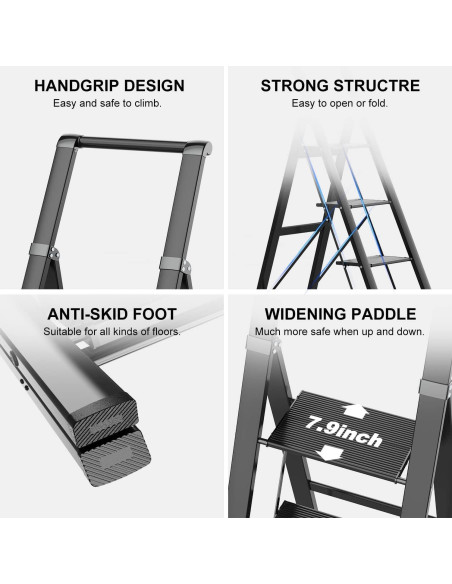 Escalera de 6 pasos GameGem de aluminio plegable - Negro