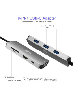 Adaptador USB-C Hub MOKiN 8-en-1 HDMI VGA 3 USB 3.0 2